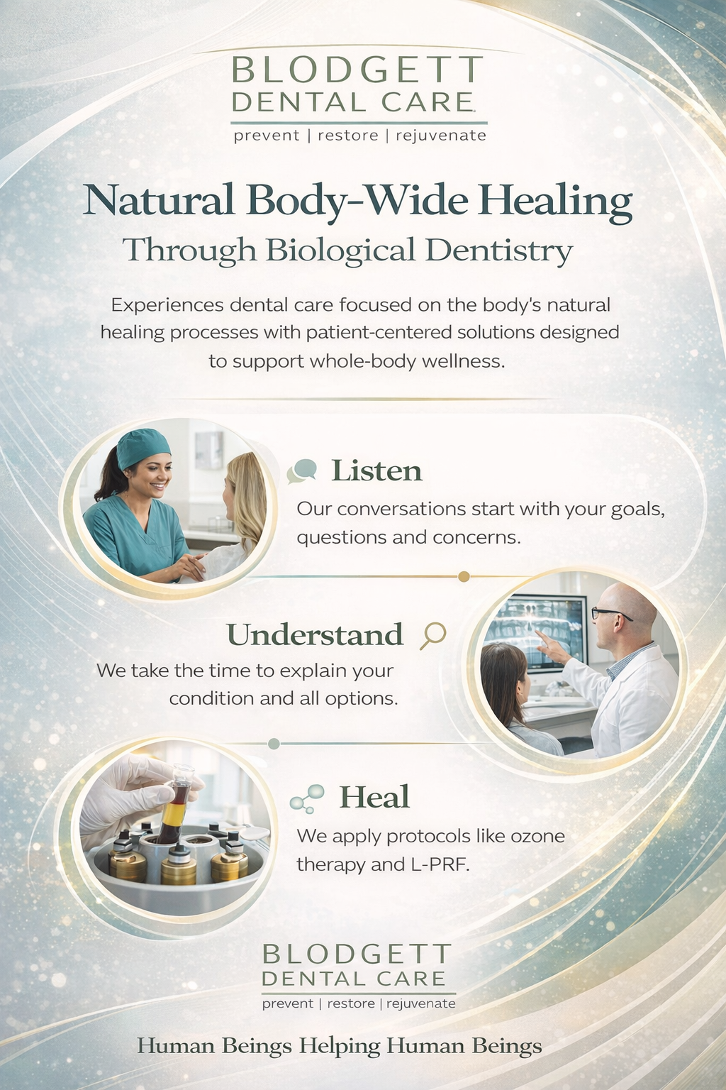 Biological dentistry infographic with Dr. Kelly Blodgett at Blodgett Dental Care in Portland OR highlighting whole-body health, ozone therapy, L-PRF healing, and holistic dental care | Blodget Dental Care