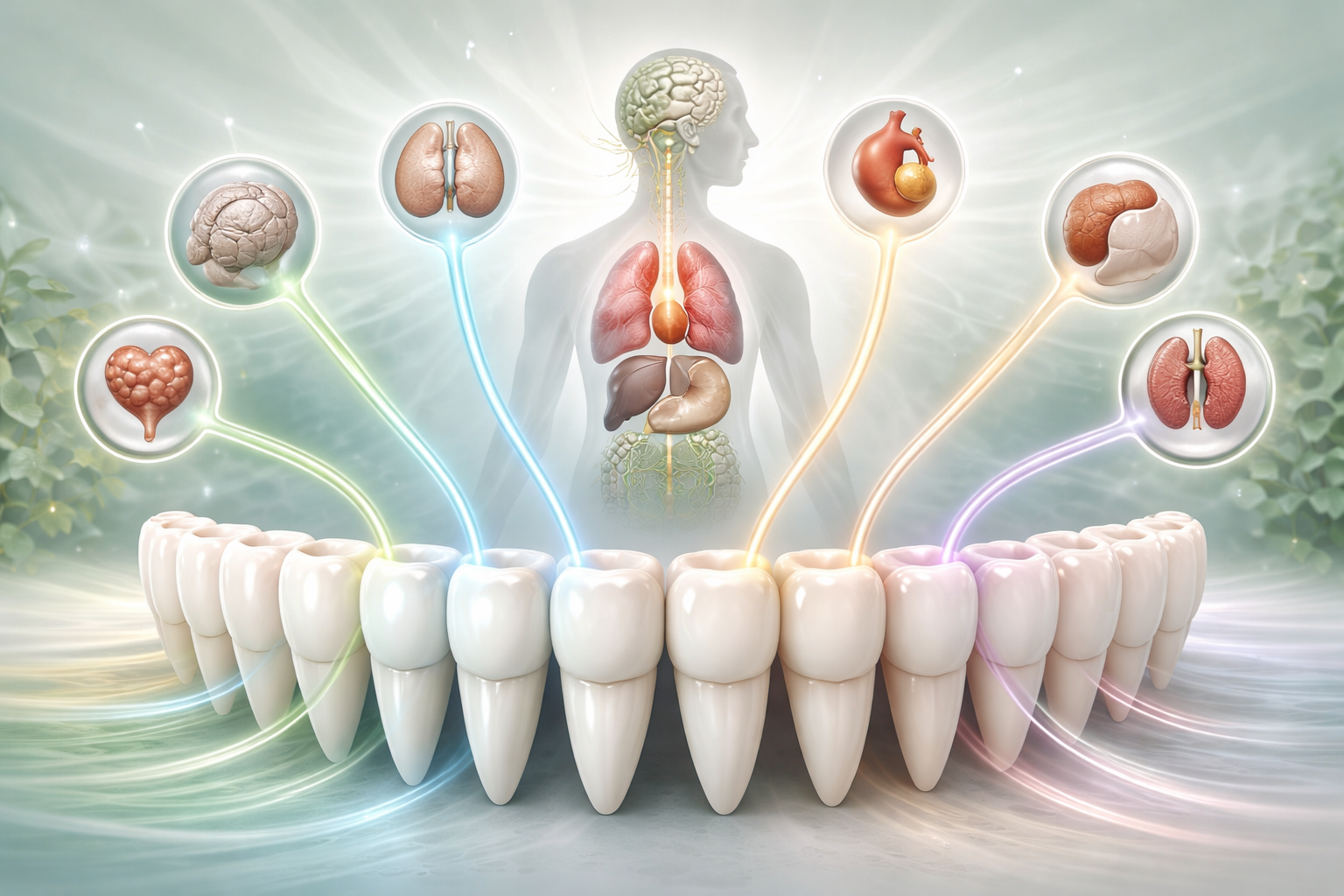 Energy meridian chart of teeth with a professional holistic dentistry illustration showing the connection between individual teeth, energy pathways, and whole-body wellness | Blodgett Dental Care